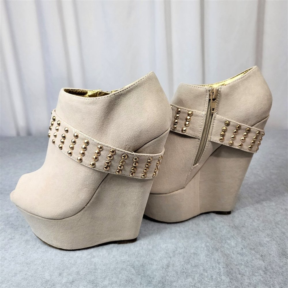 * Mona Mia Nude With Gold Studs Faux Leather Wedge Booty - Picture 4 of 15